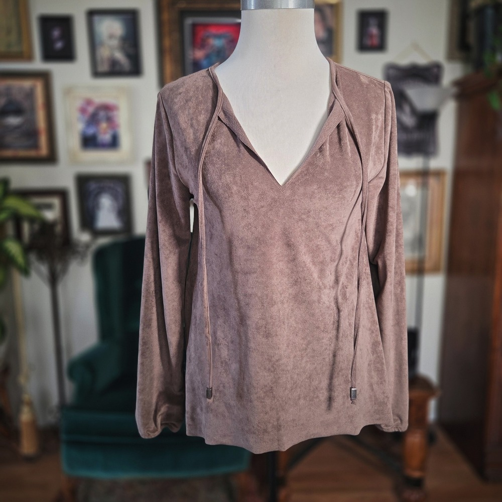 Dylan Faux Suede Blouse Brown V-Neck Long Sleeve Top Minimalist Boho Women's XS
